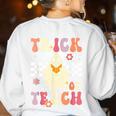 Groovy Teacher Halloween Retro Trick Or Teach Floral Ghost Women's Sweatshirt Back Print White