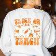 Groovy Teacher Halloween Trick Or Teach Ghost Men Women Kids Women's Sweatshirt Back Print White Groovy Teacher Halloween Trick Or Teach Ghost Men Women Kids Women's Sweatshirt Back Print White
