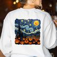 Halloween Pumpkin Starry Night Van Gogh Art Teacher Women's Sweatshirt Back Print White Halloween Pumpkin Starry Night Van Gogh Art Teacher Women's Sweatshirt Back Print White