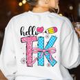 Hello TK Transitional Kindergarten Back To School Teacher Women's Sweatshirt Back Print White Hello TK Transitional Kindergarten Back To School Teacher Women's Sweatshirt Back Print White
