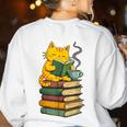 Kawaii Cats Lover Coffee Books Teacher Librarian Cat Women's Sweatshirt Back Print White Kawaii Cats Lover Coffee Books Teacher Librarian Cat Women's Sweatshirt Back Print White