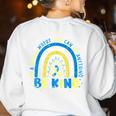 Be Kind Rainbow Down Syndrome Awareness Teacher Blue Yellow Women's Sweatshirt Back Print White