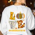 LOVE Kindergarten Pumpkin Teacher Student Halloween Costume Women's Sweatshirt Back Print White LOVE Kindergarten Pumpkin Teacher Student Halloween Costume Women's Sweatshirt Back Print White