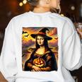 Mona Lisa Pumpkin Halloween Art Teacher Witchy Women Kids Women's Sweatshirt Back Print White