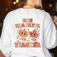 One Thankful Teacher Fall Leaves Thanksgiving Retro Women's Sweatshirt Back Print White One Thankful Teacher Fall Leaves Thanksgiving Retro Women's Sweatshirt Back Print White