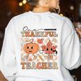 One Thankful Teacher Thanksgiving Groovy Fall Autumn Teacher Women's Sweatshirt Back Print White One Thankful Teacher Thanksgiving Groovy Fall Autumn Teacher Women's Sweatshirt Back Print White