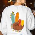 One Thankful Teacher Thanksgiving Turkey Peace Hand Sign Women's Sweatshirt Back Print White One Thankful Teacher Thanksgiving Turkey Peace Hand Sign Women's Sweatshirt Back Print White