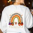 One Thankful Teacher Thanksgiving Turkey Rainbow Fall Women's Sweatshirt Back Print White