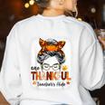 One Thankful Teacher's Aide Messy Bun Thanksgiving Fall Women's Sweatshirt Back Print White