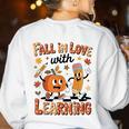 Retro Fall In Love With Learning Autumn Pumpkin Teacher Kids Women's Sweatshirt Back Print White