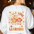 Retro Fall In Love With Learning Pumpkin Leaf Teacher Autumn Women's Sweatshirt Back Print White Retro Fall In Love With Learning Pumpkin Leaf Teacher Autumn Women's Sweatshirt Back Print White