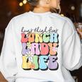 Soul Bleach Teacher Staff First Day Of School Last Hugs & High Fives Lunch Lady Vibes Blue Classic Fit Women's Sweatshirt Back Print White