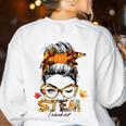 STEM Teacher Messy Bun Fall Vibes Autumn Thanksgiving Men Women Women's Sweatshirt Back Print White