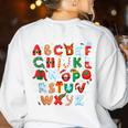 Teacher Christmas Alphabet Back To School Holiday Learning Women's Sweatshirt Back Print White Teacher Christmas Alphabet Back To School Holiday Learning Women's Sweatshirt Back Print White