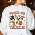 Teacher Halloween Trick Or Teach Cute Ghost Coffee Pumpkins Women's Sweatshirt Back Print White Teacher Halloween Trick Or Teach Cute Ghost Coffee Pumpkins Women's Sweatshirt Back Print White