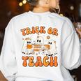 Teacher Halloween Trick Or Teach Retro Groovy Floral Ghost Women's Sweatshirt Back Print White Teacher Halloween Trick Or Teach Retro Groovy Floral Ghost Women's Sweatshirt Back Print White