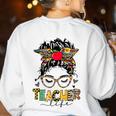 Teacher Life Messy Bun Glasses Leopard Sunflower Women's Sweatshirt Back Print White