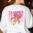 Teacher Pencil Back To School Groovy Pink Teacher First Day Women's Sweatshirt Back Print White