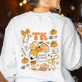 Team TK Crew Preppy Coquette Bow Pumpkin Fall TK Teacher Women's Sweatshirt Back Print White