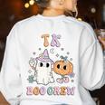 TK Boo Crew Retro Groovy Halloween Floral Ghost TK Teacher Men Women Kids Women's Sweatshirt Back Print White