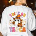 Trick Or Teach Cute Ghost Coffee Pumpkins Halloween Teacher Women's Sweatshirt Back Print White