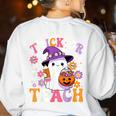 Trick Or Teach Groovy Teacher Ghost Halloween Teacher Women's Sweatshirt Back Print White Trick Or Teach Groovy Teacher Ghost Halloween Teacher Women's Sweatshirt Back Print White