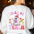 Trick Or Teach Halloween Teacher Floral Ghost Groovy Women's Sweatshirt Back Print White Trick Or Teach Halloween Teacher Floral Ghost Groovy Women's Sweatshirt Back Print White