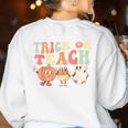 Trick Or Teach Pumpkin Candy Corn Ghost Halloween Teacher Women's Sweatshirt Back Print White Trick Or Teach Pumpkin Candy Corn Ghost Halloween Teacher Women's Sweatshirt Back Print White