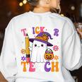 Trick Or Teach Teacher Pencil Ghost Halloween Teacher Women's Sweatshirt Back Print White Trick Or Teach Teacher Pencil Ghost Halloween Teacher Women's Sweatshirt Back Print White