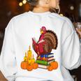 Turkey Reading Books Fall Thanksgiving Teacher Book Women's Sweatshirt Back Print White Turkey Reading Books Fall Thanksgiving Teacher Book Women's Sweatshirt Back Print White