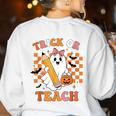 Vintage Teacher Shirt Women Trick Or Teach Halloween Women's Sweatshirt Back Print White Vintage Teacher Shirt Women Trick Or Teach Halloween Women's Sweatshirt Back Print White
