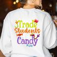 Will Trade Students For Candy Teacher Halloween Costume Women's Sweatshirt Back Print White Will Trade Students For Candy Teacher Halloween Costume Women's Sweatshirt Back Print White