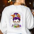Witchy Teacher Halloween Messy Bun Teacher Bleached Women's Sweatshirt Back Print White Witchy Teacher Halloween Messy Bun Teacher Bleached Women's Sweatshirt Back Print White