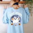 Boo Jour Ghost Halloween French Teacher Cute Coffe Croissant Women's Sweatshirt Back Print Light Blue Boo Jour Ghost Halloween French Teacher Cute Coffe Croissant Women's Sweatshirt Back Print Light Blue