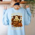 Books Are Spooktacular Ghost Book Reading Halloween Teachers Women's Sweatshirt Back Print Light Blue