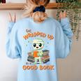 Cute Halloween Teacher Librarian Mummy Reading Books Women's Sweatshirt Back Print Light Blue