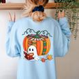 Fall Book Pumpkin Books Ghost Reading Halloween Teacher Women's Sweatshirt Back Print Light Blue