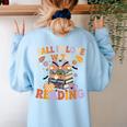 Fall In Love With Reading Halloween Stack Of Book Teacher Women's Sweatshirt Back Print Light Blue