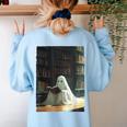 Ghost Library Halloween Book Reading Books Lover Teacher Women's Sweatshirt Back Print Light Blue