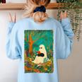 Groovy Ghost Reading Book Cat Halloween Ghost Teacher Women's Sweatshirt Back Print Light Blue Groovy Ghost Reading Book Cat Halloween Ghost Teacher Women's Sweatshirt Back Print Light Blue