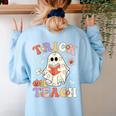 Groovy Halloween Trick Or Teach Retro Floral Ghost Teacher Women's Sweatshirt Back Print Light Blue Groovy Halloween Trick Or Teach Retro Floral Ghost Teacher Women's Sweatshirt Back Print Light Blue