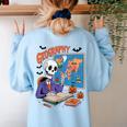 Halloween Skeleton Geography Teacher Pumpkin Bats Classroom Women's Sweatshirt Back Print Light Blue