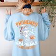 Halloween Skeleton Teacher Phonemes Graphemes Caffeine Lover Women's Sweatshirt Back Print Light Blue