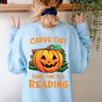 Halloween Teacher Librarian Pumpkin Reading Books Men Women Kids Women's Sweatshirt Back Print Light Blue