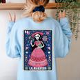 La Maestra Halloween Mexican Bingo Card Teacher Lottery Card Women's Sweatshirt Back Print Light Blue
