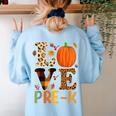 Love Pre-k Teacher Shirts Autumn Fall Pumpkin Fall Leopard Women's Sweatshirt Back Print Light Blue