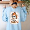 Messy Bun Spooky Teacher Bleached Halloween Teachers Women's Sweatshirt Back Print Light Blue