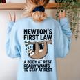 Newtons First Law Physics Jokes Science Teacher Women's Sweatshirt Back Print Light Blue