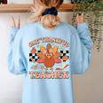 One Thankful Teacher Thanksgiving Retro Groovy Fall Teachers Women's Sweatshirt Back Print Light Blue