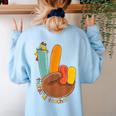 One Thankful Teacher Thanksgiving Turkey Peace Hand Sign Women's Sweatshirt Back Print Light Blue One Thankful Teacher Thanksgiving Turkey Peace Hand Sign Women's Sweatshirt Back Print Light Blue